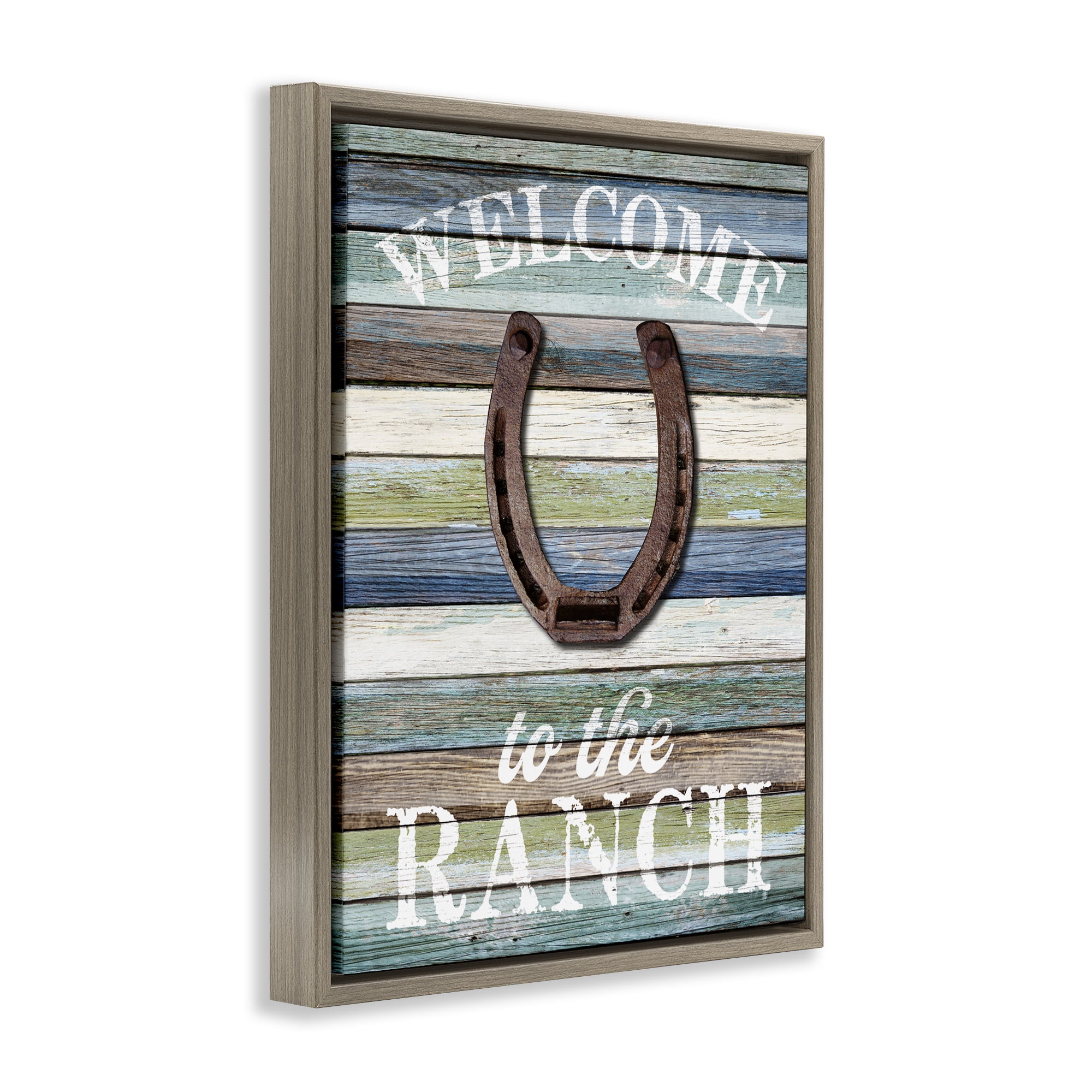 Stupell Industries Welcome Ranch with Horseshoe Text & Numbers Painting Brown Floater Framed Canvas Art Print Wall Art, 17 x 21