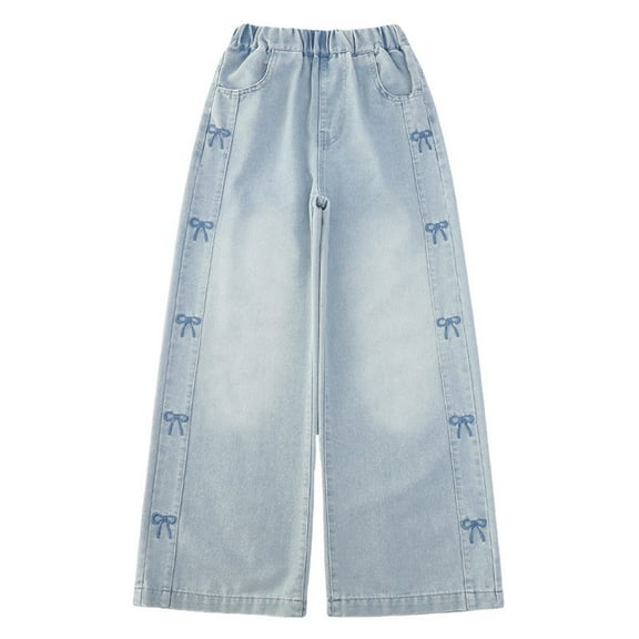 SonxaHe Little Girl Jeans High Waist Bow Prints Straight Leg Denim Pants Child Lightweight Streetwear Loose Jeans Blue,Sized 5-6
