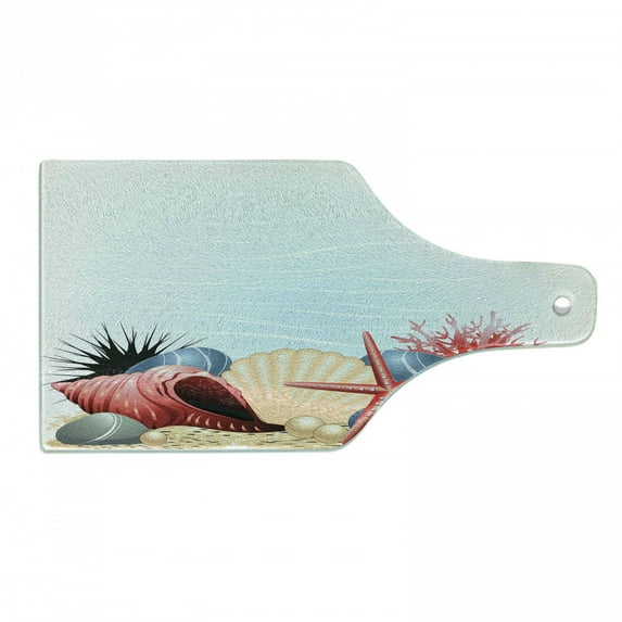 Pearls Cutting Board, Seashells Starfish and Coral Underwater Life Summertime Seaside Illustration, Tempered Glass Cutting and Serving Board, Wine Bottle Shape, Red Beige Grey, by Ambesonne