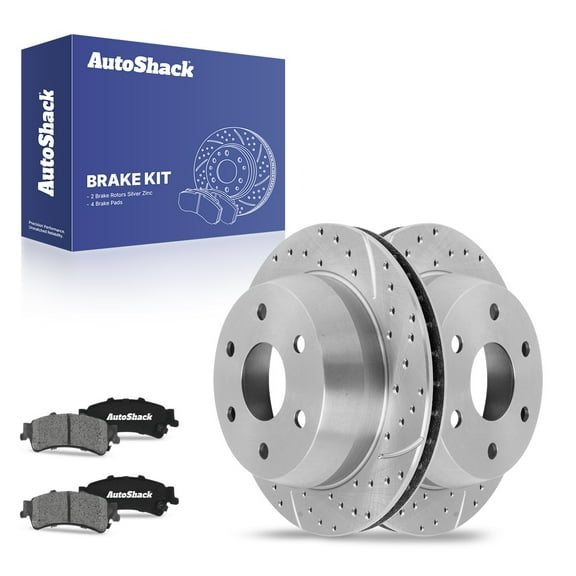 AutoShack 12.99" (330 mm) Rear Vented Drilled & Slotted Brake Rotors Coated   Ceramic Brake Pads | Replacement for 2002-2003 GMC Sierra 1500 | Silver Zinc Coated | 6-PC Brake Kit | SilverShield Pro