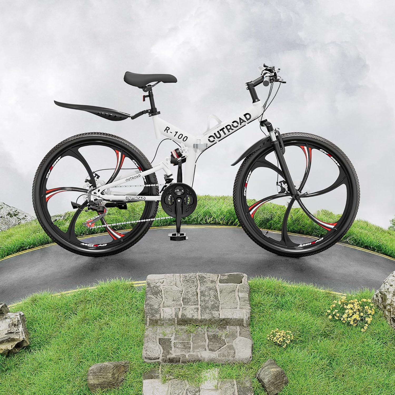 SUNCROWN 26 Inch Folding Mountain Bike, 21 Speed Full Suspension High-Carbon Steel MTB Foldable Bicycle, Dual Disc Brake Non-Slip Folding Bikes for Adults/Men/Women