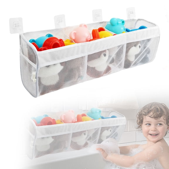 FKSZLL Bath Toy Storage Net 3 Compartment Hanging Storage Bag Bath Toy Caddy Tidy for Accessing Sorting 2 Side Pocket and 4 Adhesive Hook