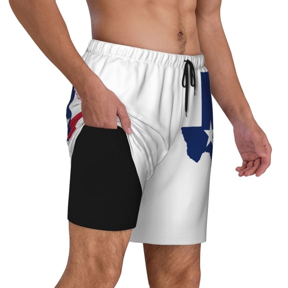 Mens Texas Flag Map Swimming Trunks with Compression Liner Beach Quick Dry Swim Shorts