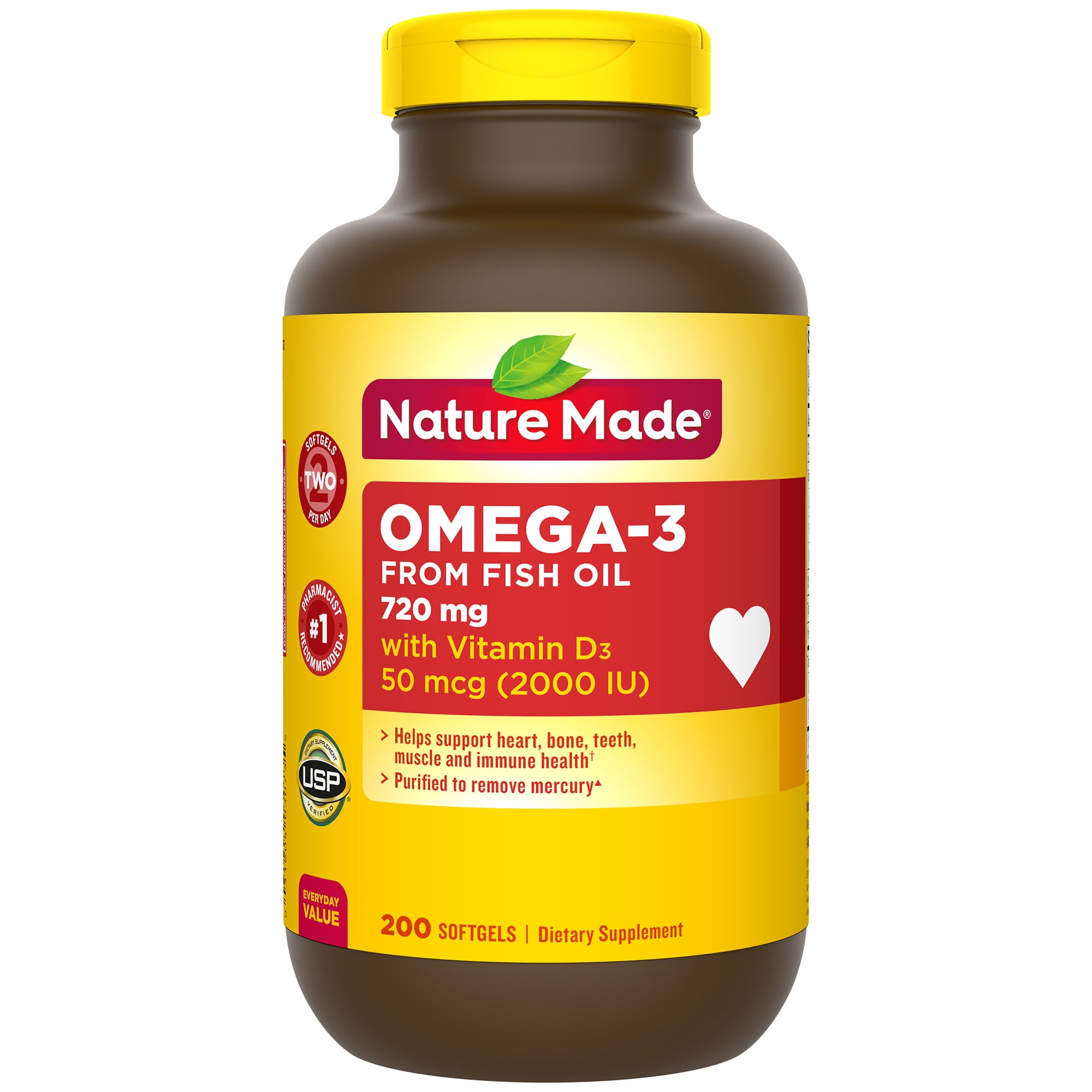 Nature Made Omega 3 From Fish Oil 720 Mg 50 Mcg 2000 Iu Vitamin D 200 Ct Walmartcom