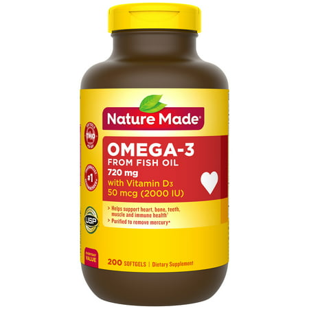 Nature Made Omega-3 from Fish Oil 720 mg + Vitamin D3 2000 IU (50 mcg) Softgels, 200 Count for Heart