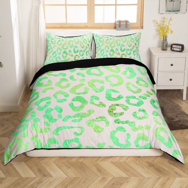 Erosebridal Housse de Couette à Imprimé Guépard Vert Simple, Ensembles de Literie à Imprimé Léopard Ombré Taille Simple, Réversible 2 Pcs, (Sans Couette)