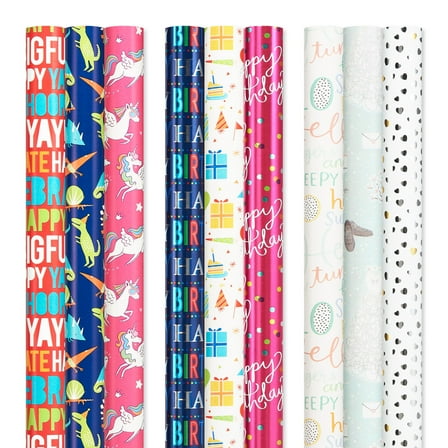 American Greetings Reversible Birthday, Baby, Wedding, and All Occasion Wrapping Paper, Unicorns and Dinosaurs (9 Rolls, 225 sq. ft.)