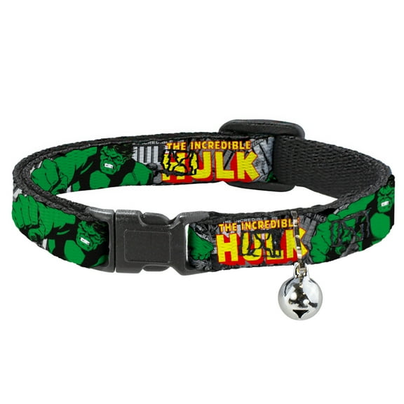 Marvel Comics Breakaway Cat Collar With Bell, Plastic Clip, Easy Adjustable, The Incredible Hulk Action Poses Stacked Comics, 8.5 to 12 Inches 0.5 Inch Wide