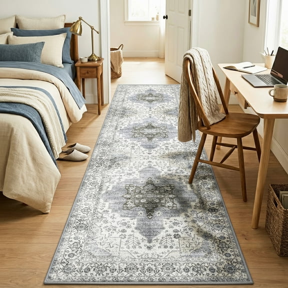 Runner Rugs for Hallway, 2x8 Washable Soft Non Slip Floor Rugs for Kitchen, Modern Mat for Living Room Bedroom Entryway White & Gray
