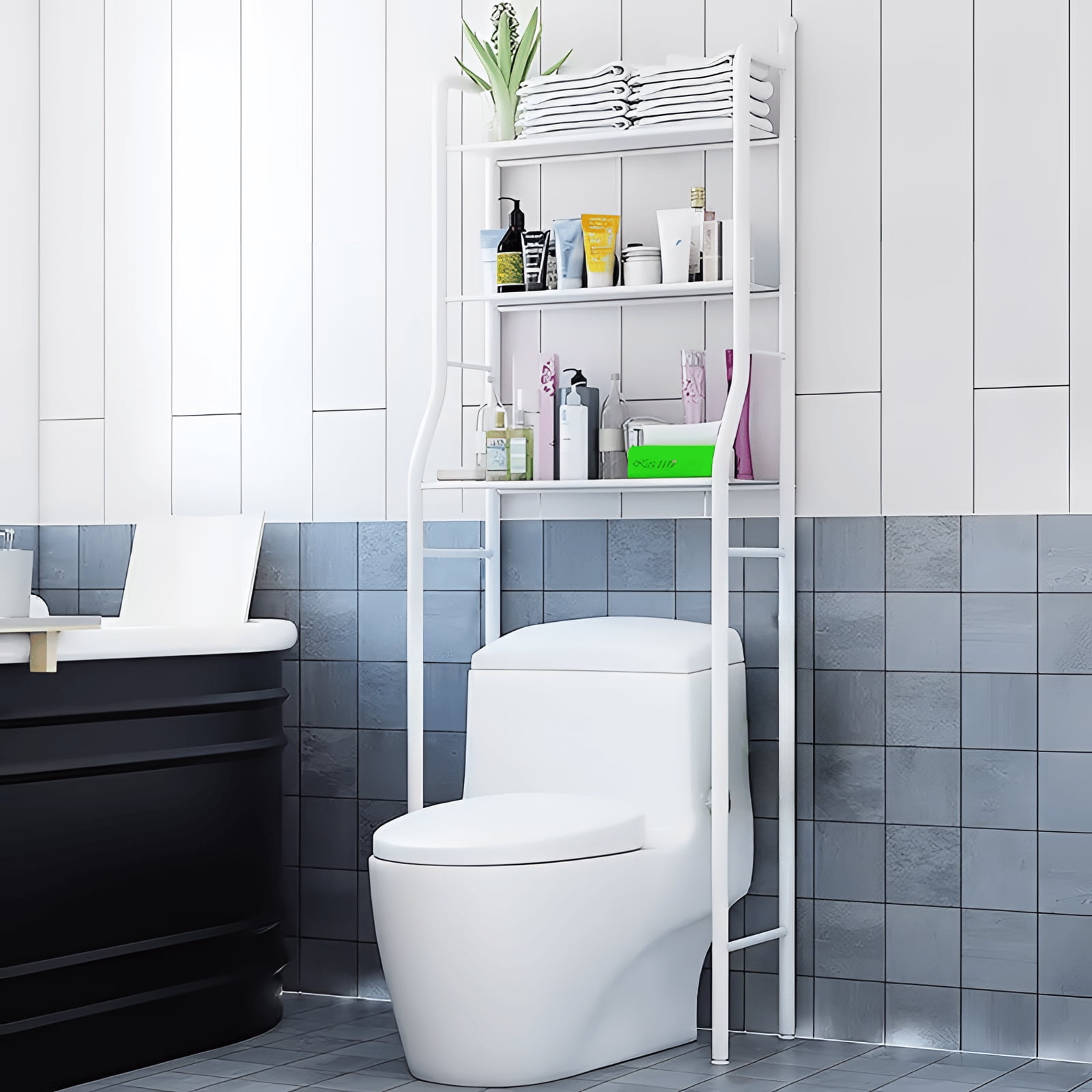 TINANA Metal Bathroom Stand: 3 Tier Over The Toilet Storage Shelves Multifunctional Bathroom Organizer Finishing Shelf, Space Saver Bathroom Shelf with Toilet Paper Rack-White