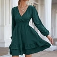 thumbnail image 4 of gakvbuo Fall Dresses for Women Babydoll Dress for Women Fall Dresses Long Sleeve Slim Tunic Dreses V Neck Ruffle Knee Length A-Line Casual Draped High Waist Mini Dress, 4 of 8