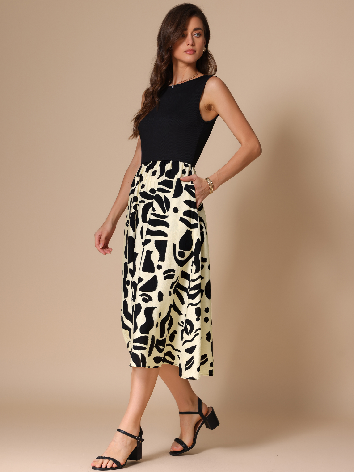 DARING DIVA Patchwork Round Neck Sleeveless Midi Dress S Black Beige
