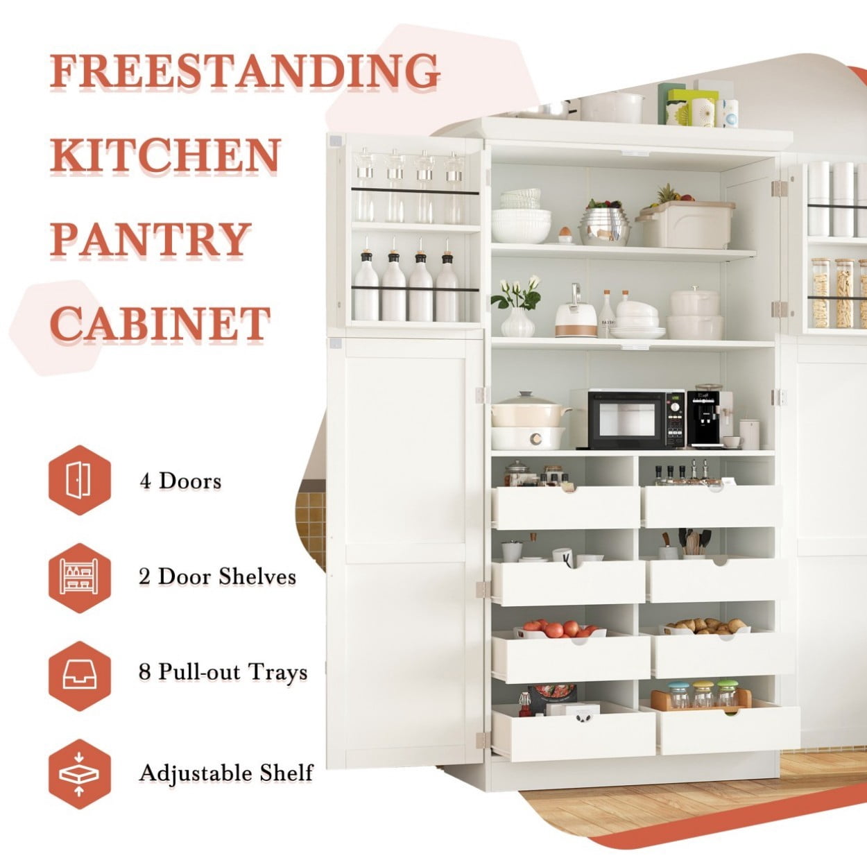 Freestanding Kitchen Pantry Cabinet, 35.5" Tall Storage Cabinet with 4 Doors, 8 Pull-Out Trays, Adjustable Shelves & Door Storage for Dining Room, White