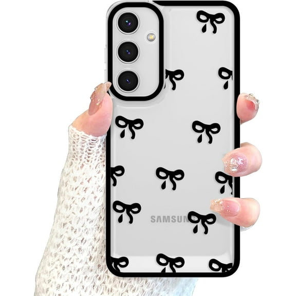 Case for Samsung Galaxy S23 FE, Clear Cute Ribbon Bowknot Pattern Aesthetic Transparent Phone Case Raised Camera Protection Stylish Slim Soft Durable TPU Protective Cover for Women - Black
