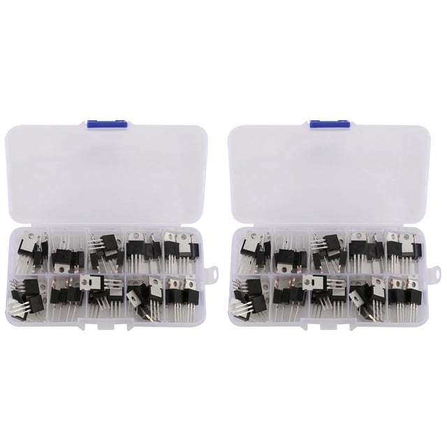 kit surtido de transistores mosfet de la serie irf de 100 piezas 10 tipos, incluido irfz44 / 510/520/530/540/640/740/840/3205/9540 — dos cajas de plástico transparentes abiertas con 10 compartimentos cada una que contienen transistores MOSFET de carcasa negra con aleta metálica y tres patas, modelos agrupados para identificación; útil para proyectos electrónicos, reparaciones y reemplazos de amplificadores o controladores.
