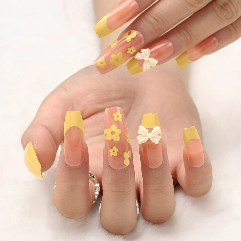 24Pcs Yellow False Nails Long Coffin Flower Butterfly with Rhinestones  French Design Wearable Fake Nails Press on Nails Tips - AliExpress