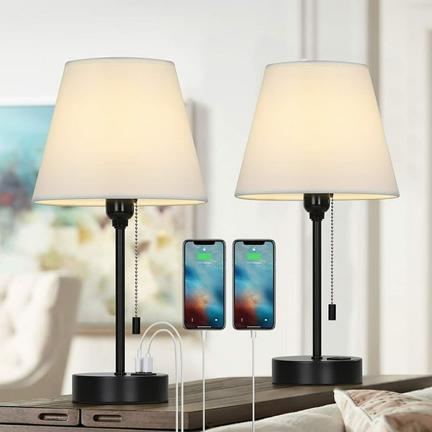 Set of 2 Modern Bedside Nightstand Table Lamp with Dual 2.1A USB