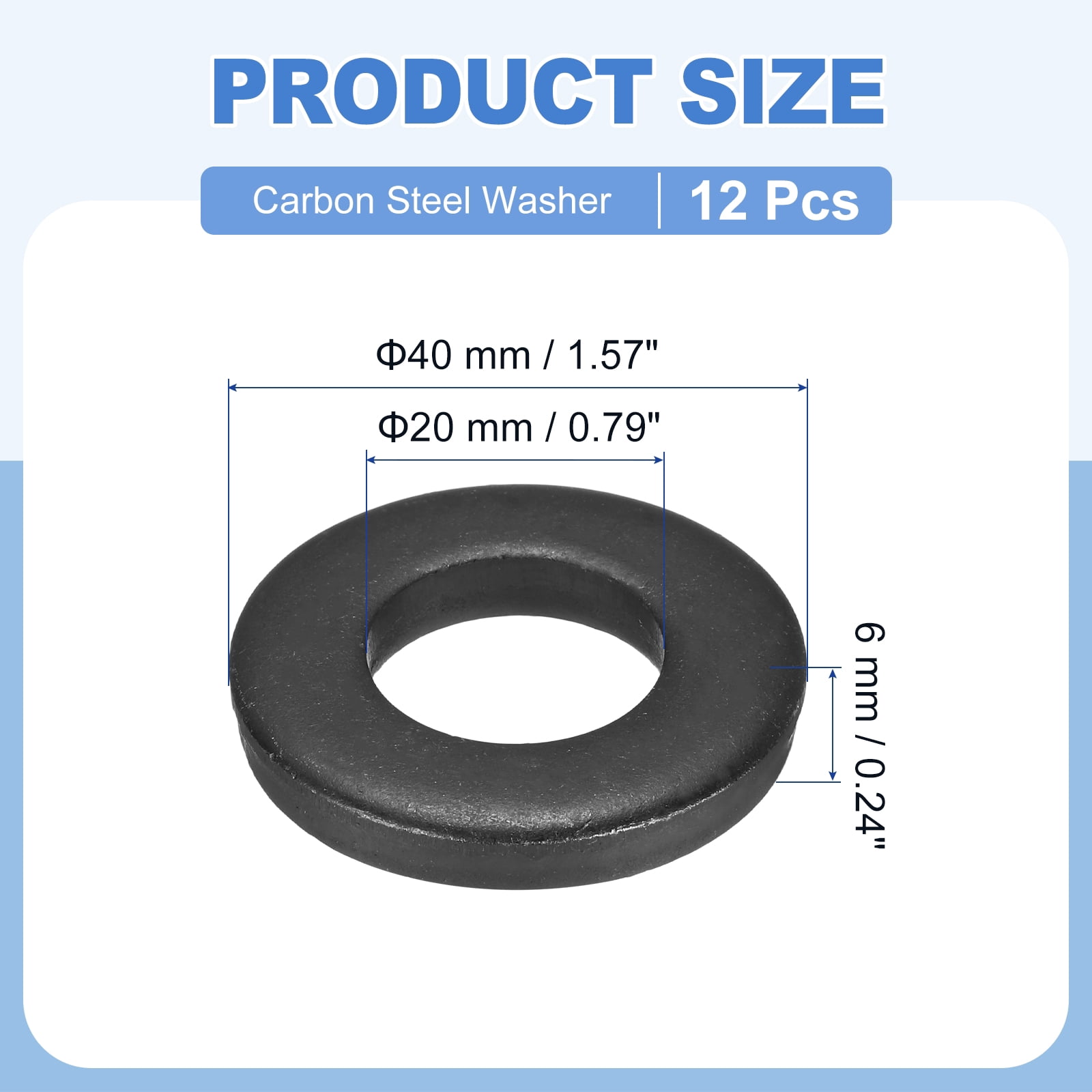 Uxcell 12pcs Black Flat Washer for M20 Screw, Steel Metal Washers 20mm ID 40mm OD 6mm l for Industrial, Screws Bolts