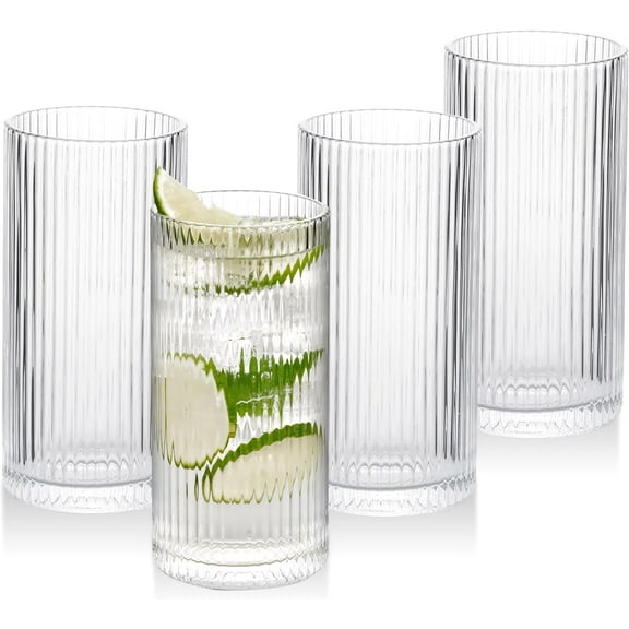 Ribbed Glassware Tall Highball Glasses Unique Everyday Drinking Glasses Set of 4 for Cocktail, Whiskey, Beer, Juice -13 oz 5.7"
