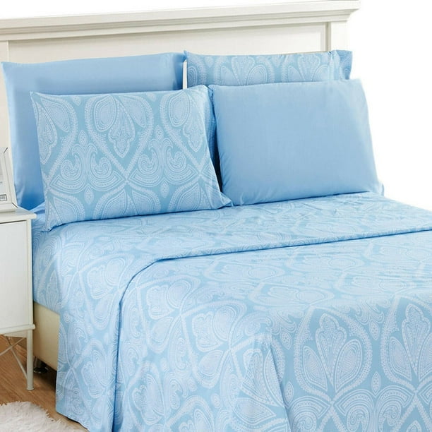 6 Piece King Size Bed Sheets Printed Sheet Set Blue Deep Pocket