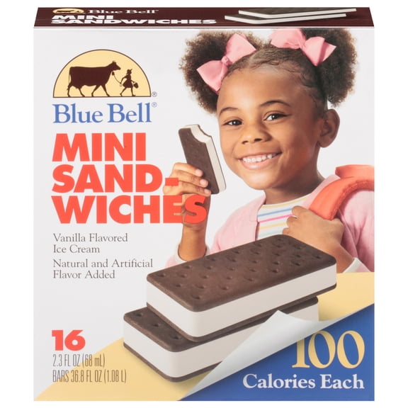 Blue Bell Mini Vanilla Ice Cream Sandwiches, 2.3 fl oz, 16 Count