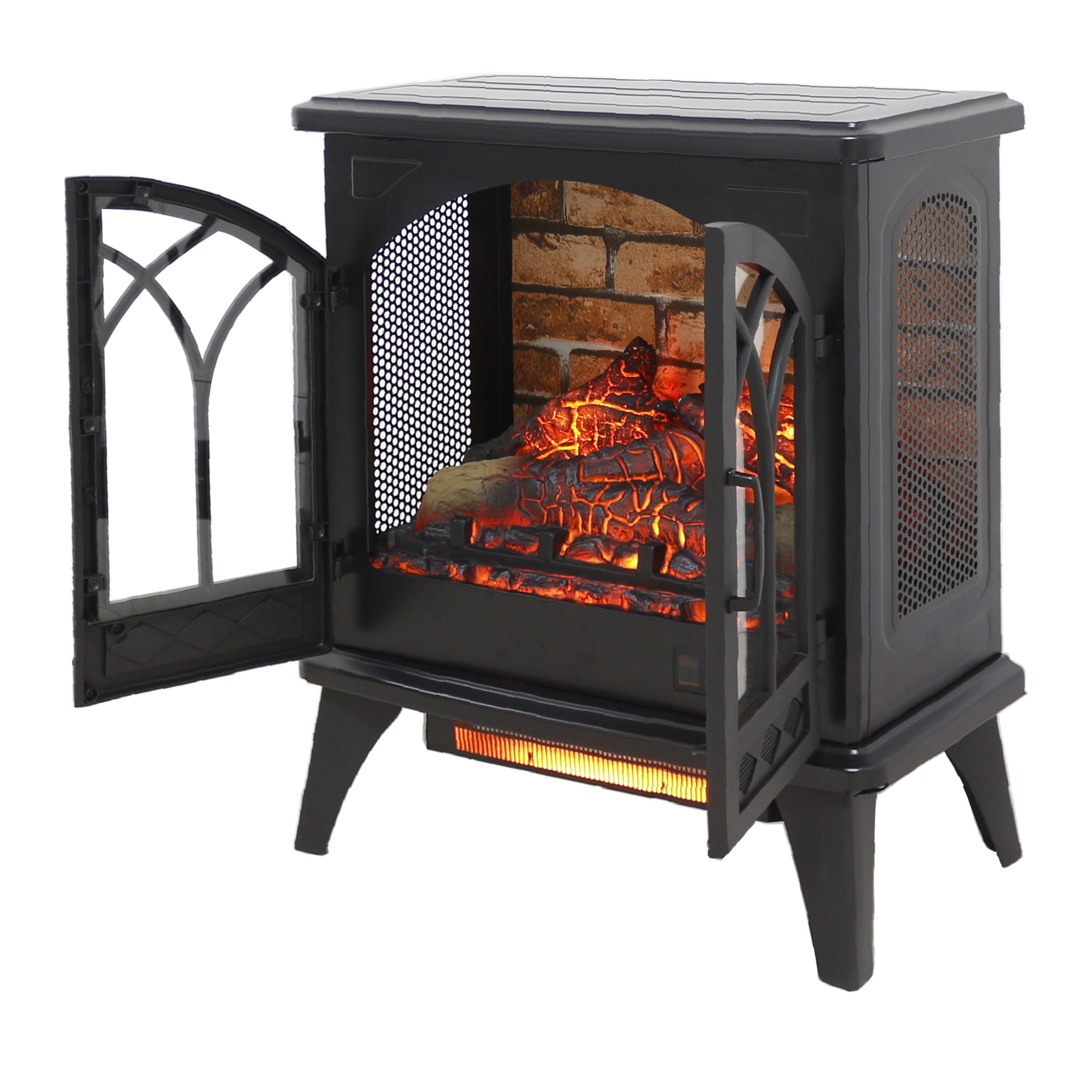 Electric Indoor Fireplaces, 24 inch 3D Flame Electric Infrared Quartz Fireplace Stove with remote control, Antique Black Indoor Fireplaces,Tempered Glass+Sheet Metal Fireplace Tools Set