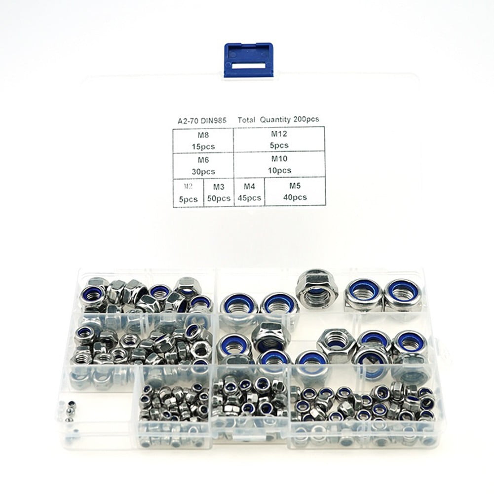 200Pcs Stainless Steel Self-Locking Nuts Assortment Threaded Inserts Hex Nut Set