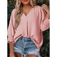 thumbnail image 5 of Women Blouses Dressy Casual V Neck 3/4 Length Sleeve Womens Tops with Smocked Cuffs Pink XL, 5 of 6