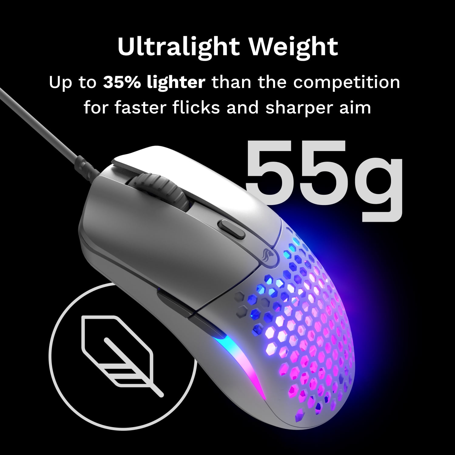 Glorious Model O Eternal Ultralight RGB Gaming Mouse - Wired - 55g Lightweight - Customizable RGB Lighting - 6 Programmable Buttons - Symmetrical Design - 12K DPI Optical Sensor - PC / Mac - White