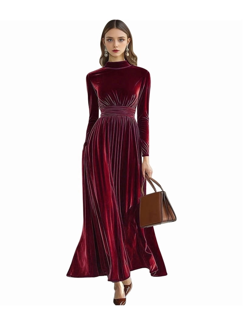 Velvet Dress for Women High Neck Long Sleeve Elegant Flowy Maxi Wedding Party Formal Gown Evening Dress Deep Red M