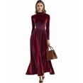 thumbnail image 2 of Velvet Dress for Women High Neck Long Sleeve Elegant Flowy Maxi Wedding Party Formal Gown Evening Dress Deep Red S, 2 of 7