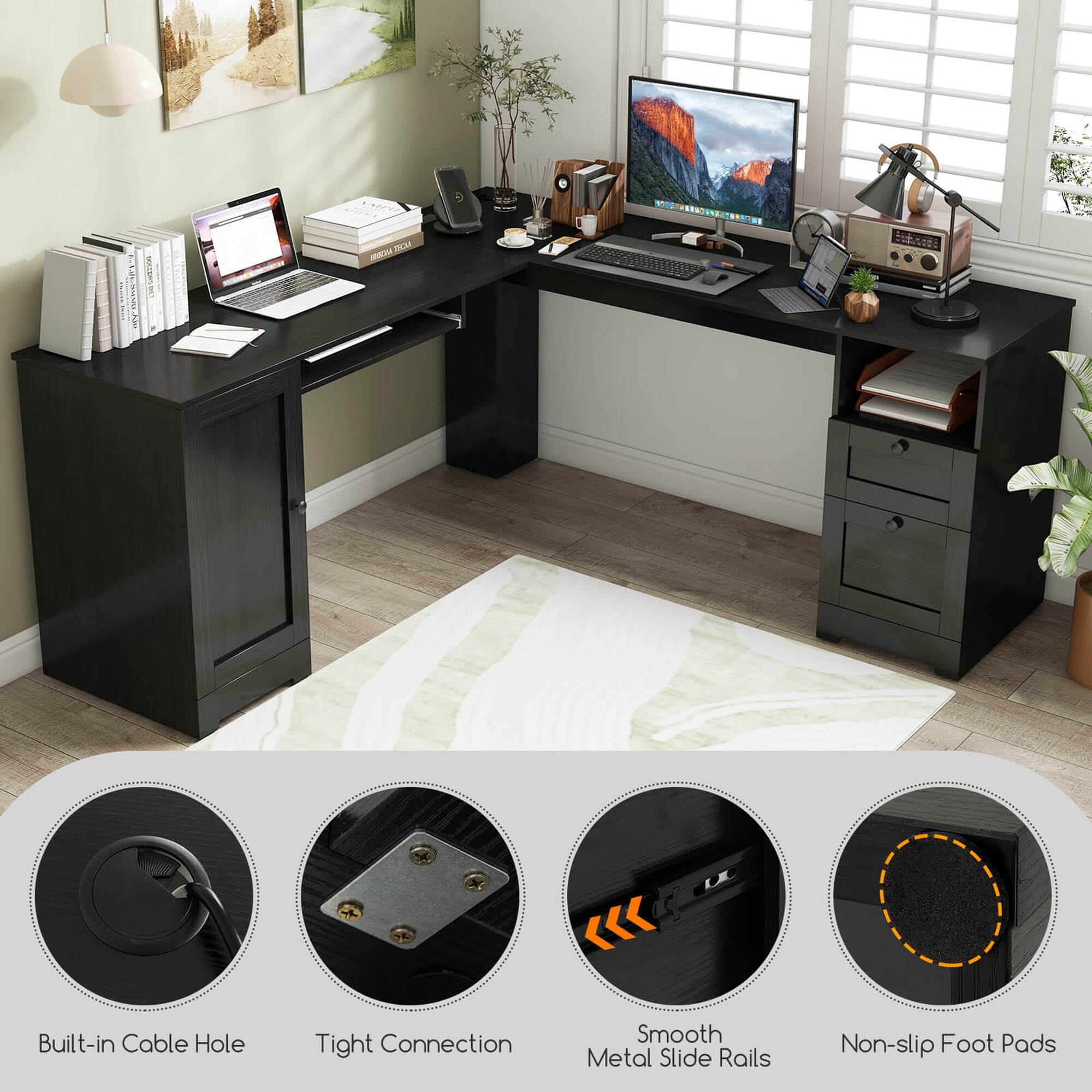 Costway Small Office Wood L-Shaped Corner Desk with Drawers