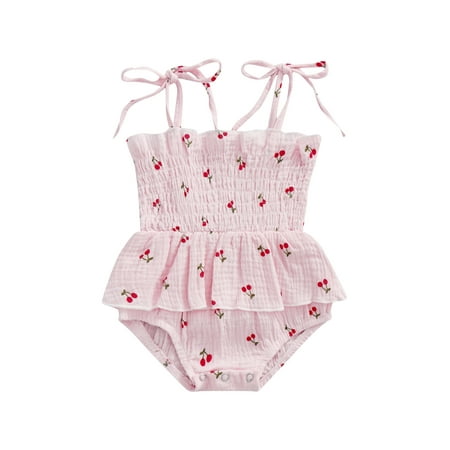 

Sunisery Infants Baby Girls Sweet Romper Tie-up Spaghetti Straps Cherries Printed Ruffle Short Jumpsuit Bodysuit Pink 6-12 Months