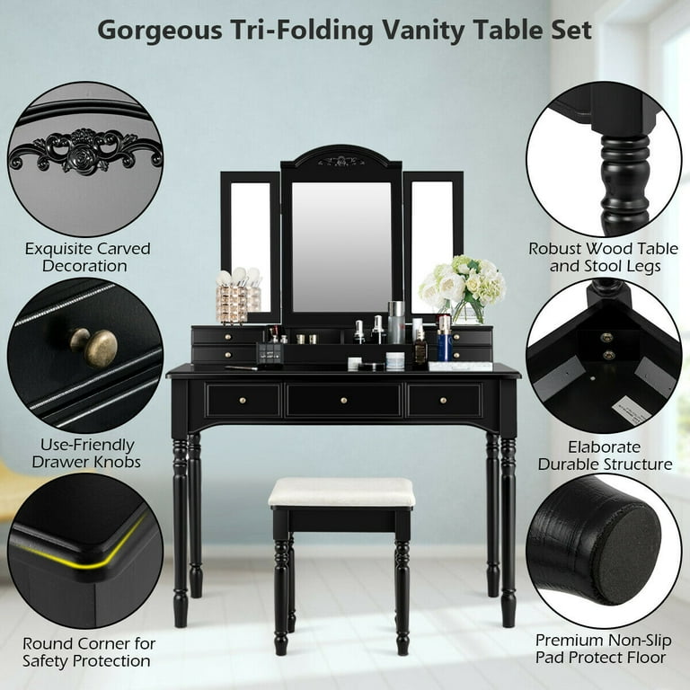 Gymax 7 Drawers Vanity Set Dressing Table w/ Tri-Folding Mirror