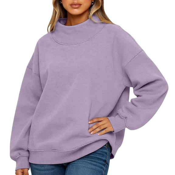 Ladies' Fashionable Loose High Neck Long Sleeved Solid Color Hoodie Top Pullover Comfort Sweatshirt for Women Casual Streetwear Daily Wear,Purple,XL