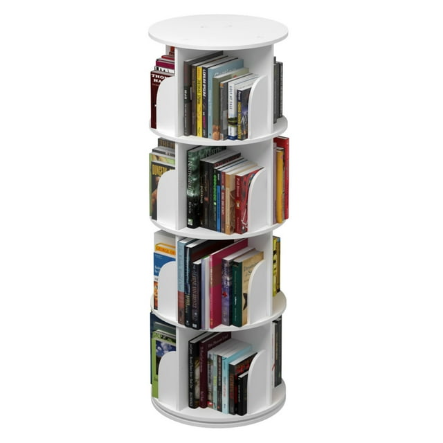 TOYTEXX 4-Tier Rotating Bookshelf in white, featuring a 360° rotating design and made of solid wood. This stackable organizer has a 4-tier structure with a 46 cm diameter and 30 cm shelf height, offering large-capacity storage for books, vases, albums, and more. The modular design allows for easy assembly without tools and the ability to add or remove layers to fit small spaces. Suitable for home and office use, with a compact footprint of 129 x 46 x 46 cm.