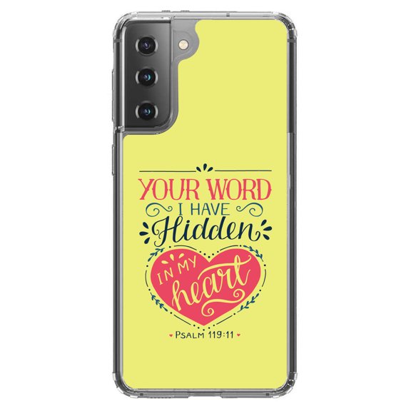 DistinctInk Clear Shockproof Hybrid Case for Galaxy S21  PLUS 5G (6.7" Screen) - TPU Bumper, Acrylic Back, Tempered Glass Screen Protector - Psalm 119:11 - Your Word I have Hidden in My Heart