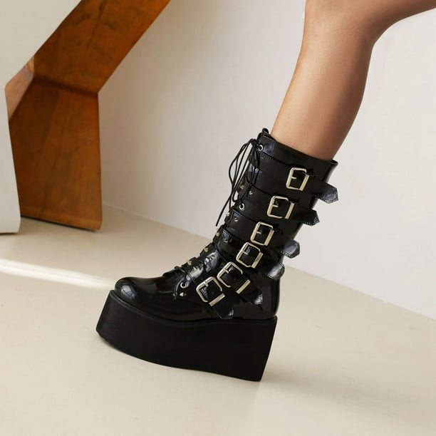 New Autumn And Winter Patent Leather Thick-soled Large Size Platform Buckle Ankle  Boots 