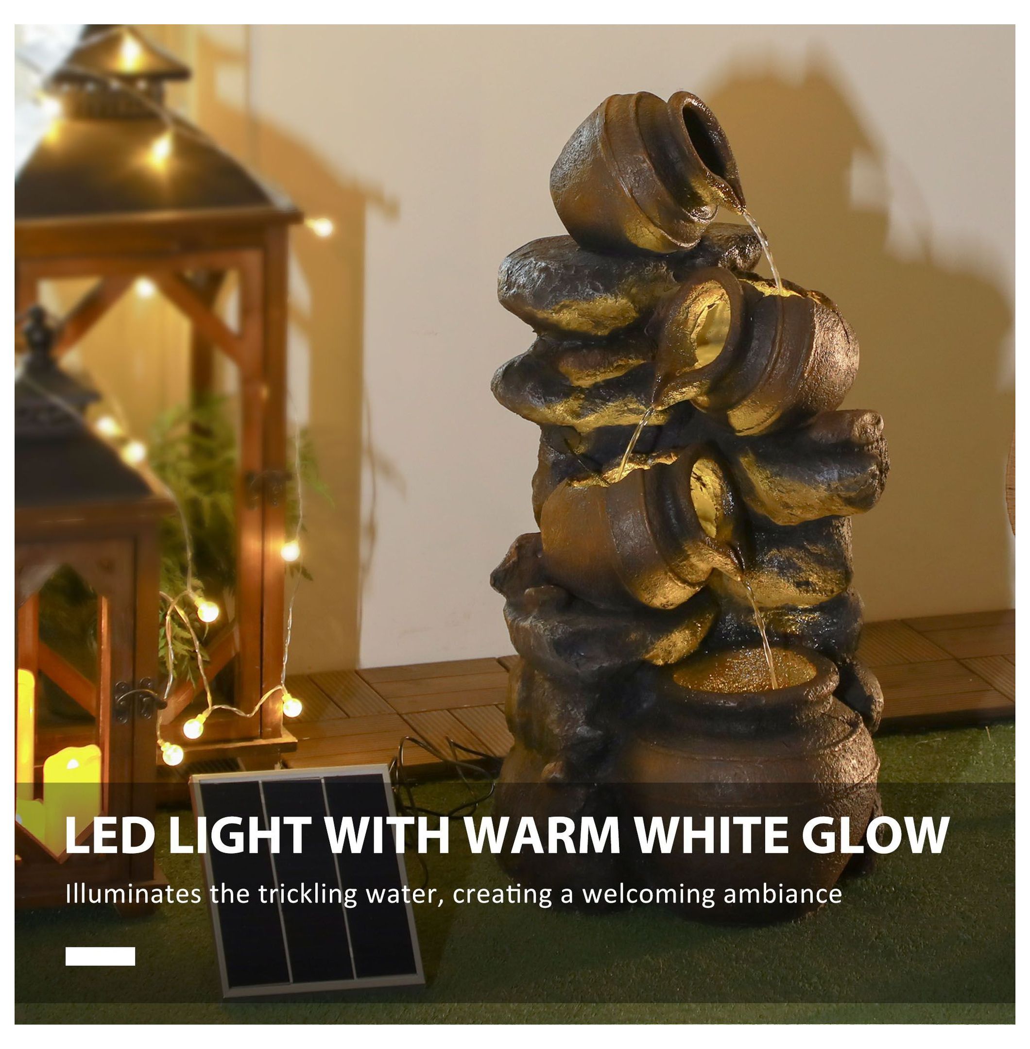 Solar Water Fountain 28.3" 4-Tier Outdoor Fountain with LED Lights, Resin Cascading Garden Decor