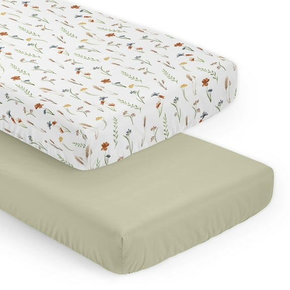 Sweet Jojo Designs Watercolor Floral Garden Green Orange and Beige Fitted Crib Sheets 2 Piece Set