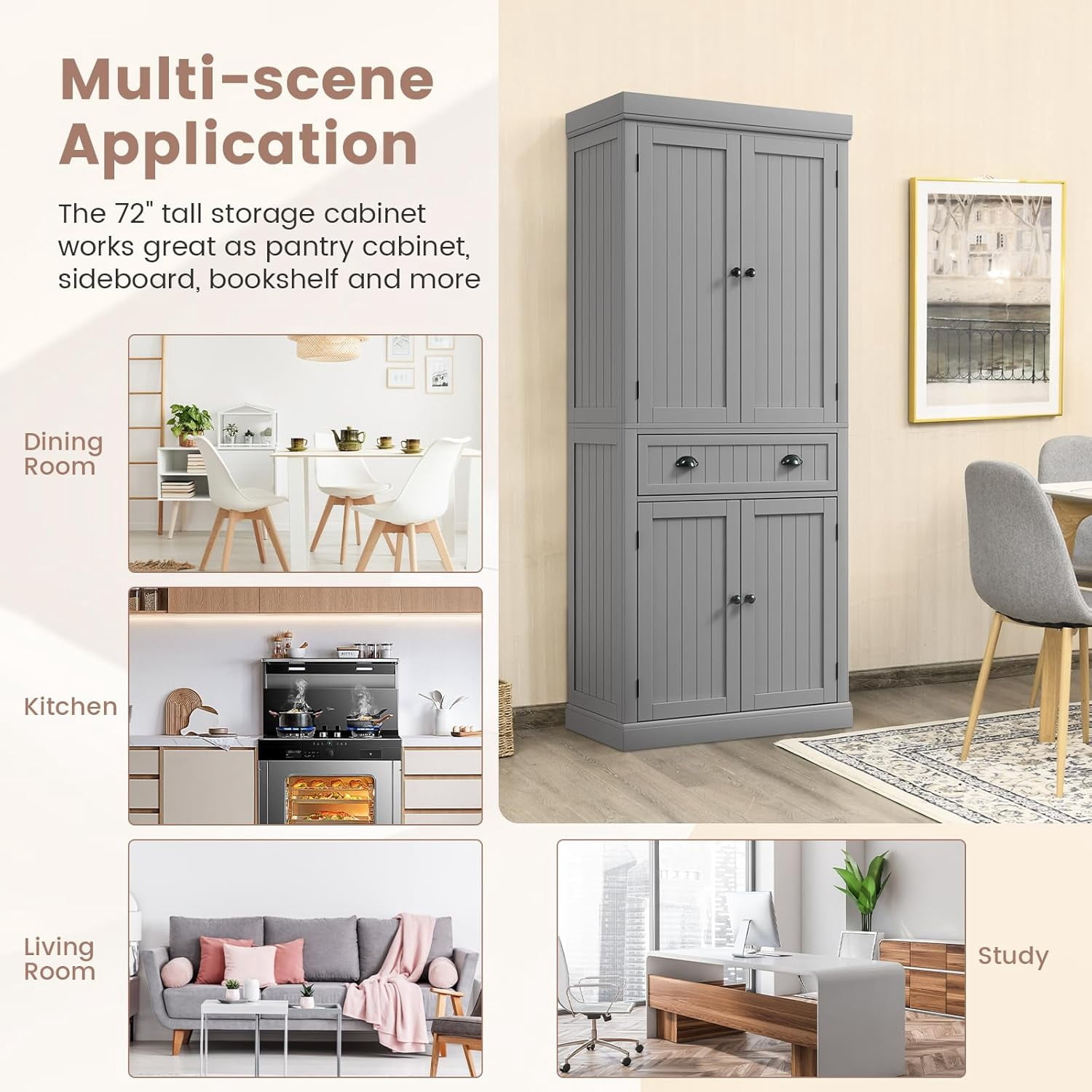 Traditional Kitchen Pantry Cabinet, Kitchen Cupboard with Double-Doors, Large Drawer and Adjustable Shelves for Dining Room, Bathroom