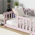 thumbnail image 4 of Twin Size Low-Profile Floor Bed Frame with Safety Rails, Pink Wood Platform Bed with Sturdy Slats, 4 of 10