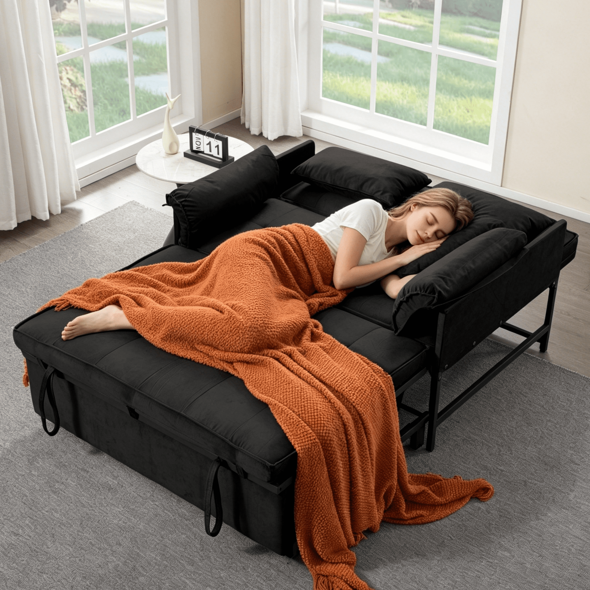 Gewnee 46"Convertible Sleeper Sofa – Pull-out Bed with 5 Reclining Positions,Movable Arm Cushion,Ideal for Apartment,Office,Guest Room.Black
