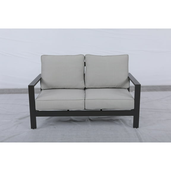 Loveseat - Brown Aluminum Frame & Beige Olefin Cushions - Modern Outdoor Seating (60 x 34 x 33)