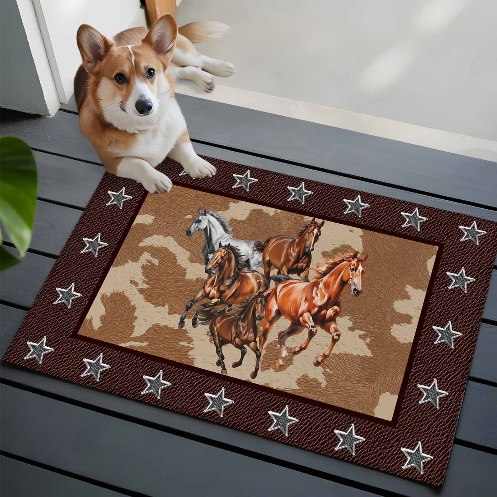 Brown Retro Horse Entryway Rug 2'x3'&nbsp; Non Slip Front Door Mats, Vintage Western Stars Country Entrance Rugs Indoor Outdoor Carpet, Washable Floor Mats Small Area Rug for Bedroom Kitchen