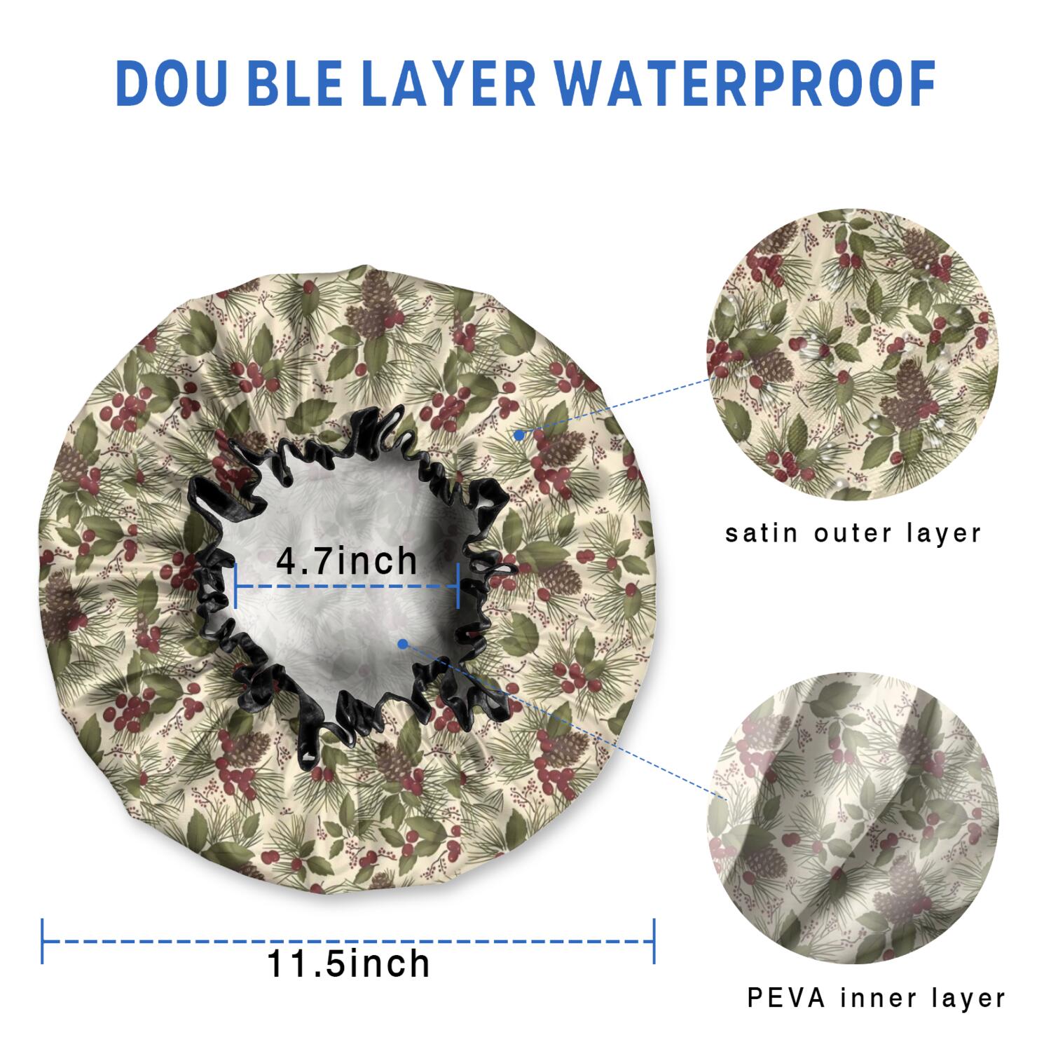 Shower Caps,Beige Christmas Pine Cone Pattern Waterproof Shower Cap for Women 4 Pieces,Double Reusable Hair Cover for Shower PEVA Elastic Stretch Hem