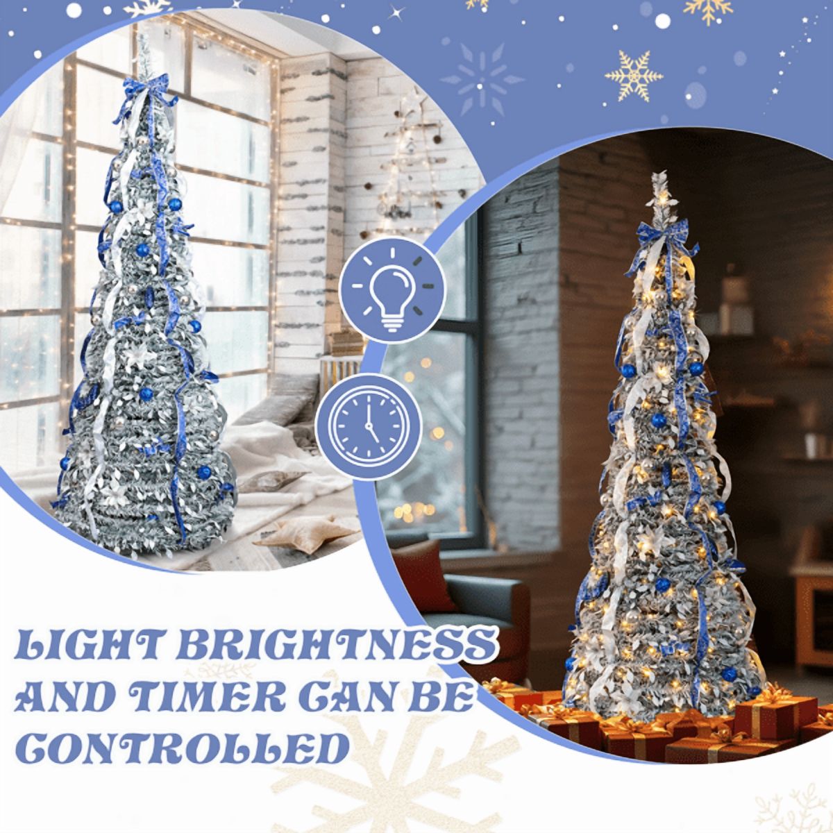 Alvantor 7 ft Fully Decorated Snow-Flocked Pre-Lit Pop-Up Christmas Tree with 200 Warm White LEDs, Remote Control, Blue and Silver Ornaments