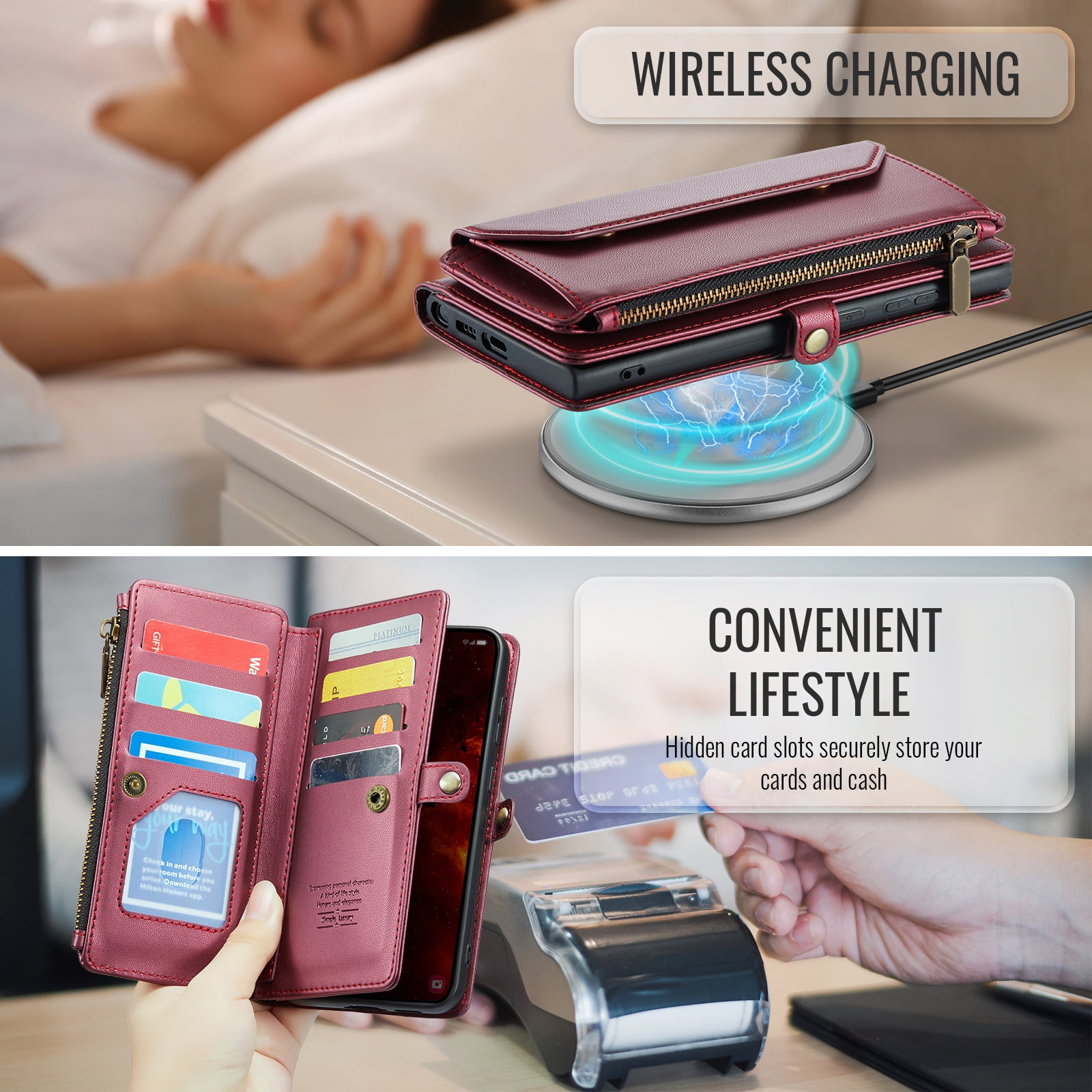 Compatible with Samsung Galaxy S24 FE 5G Zipper Wallet Phone Case Tempered Glass Screen Protector Crossbody Lanyard Strap Flip Card Holder Slot Cell Cover for S 24 EF AI S24FE 24S Women Wine Red
