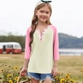 thumbnail image 3 of Cowsor Girl's Casual 3/4 Sleeve T Shirts Button V Neck Tunic Blouses Color Block Basic Tee Tops Loose Fit Summer Shirt, 3 of 6