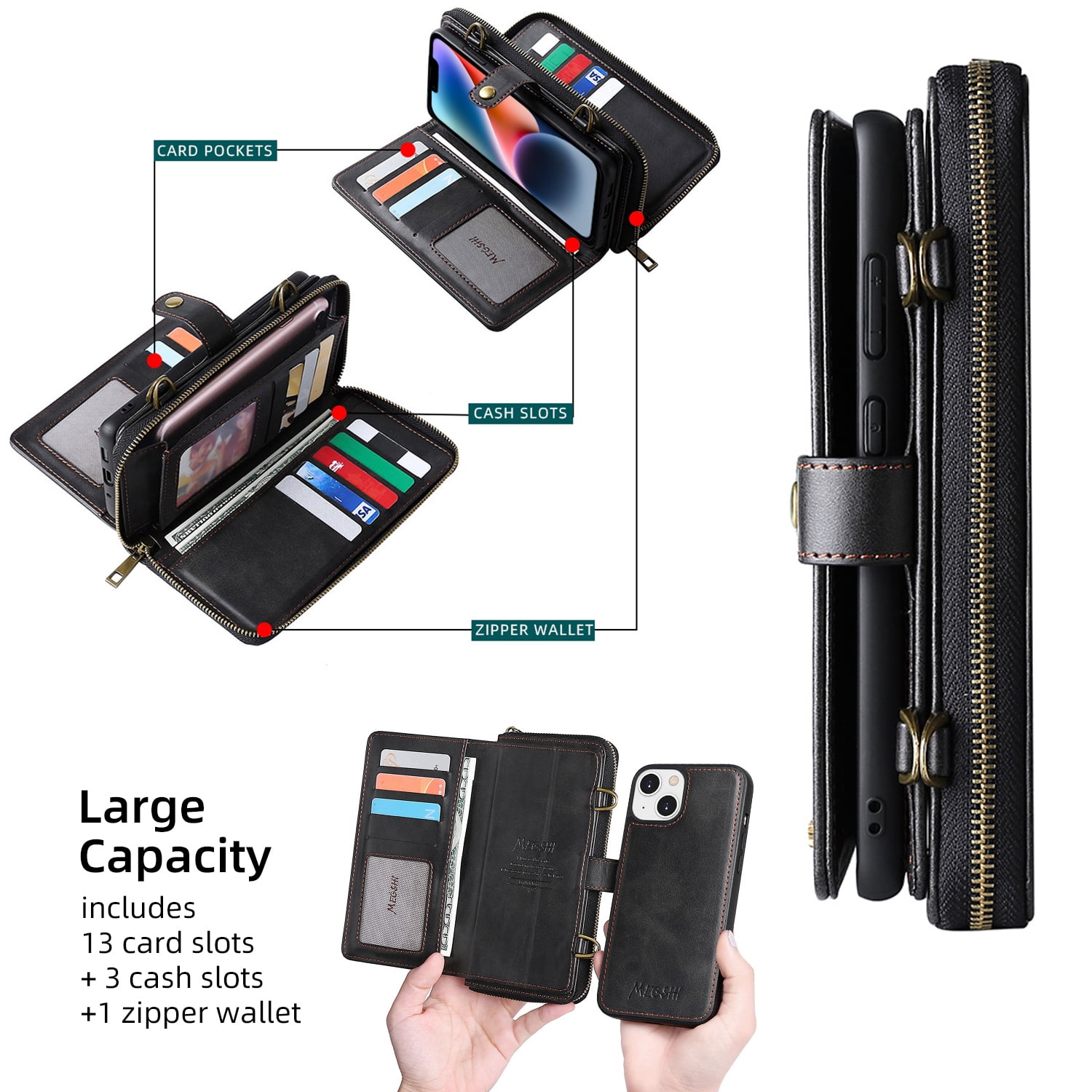 ELEHOLD Flip Wallet Case for iPhone 14 PU Leather Purse Case with Large Capacity 13 Card Slots Zipper Pocket Kickstand Magnetic Detachable Case Cross Body Shoulder Strap Shockproof Protective,Black